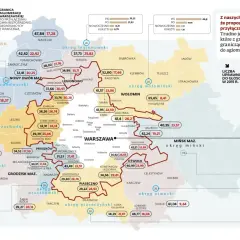 Mapa aglomeracji warszawskiej z wynikami wyborów. Warszawa leży w województwie mazowieckim.