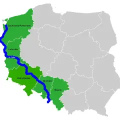 Mapa Polski z zaznaczoną rzeką Odrą, która przepływa przez województwa: Zachodniopomorskie, Lubuskie, Dolnośląskie, Opolskie i Śląskie.