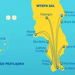 Mapa przedstawia wyspę Sal na Wyspach Zielonego Przylądka z zaznaczonymi atrakcjami: Espargos, Monte Leao, Murdeira, Calheta Funda, Ponta Preta, Kite Beach, Santa Maria, Serra Negra, Shark Bay i Salinas de Pedra de Lume.