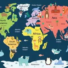 Kolorowa mapa świata z zabawnymi zwierzętami ilustruje wszystkie kontynenty: niedźwiedzie w Ameryce Północnej, słonie w Afryce, tygrysy w Azji i kangury w Australii.