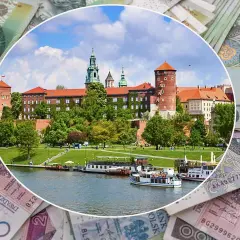 Zamek Królewski na Wawelu, symbol Krakowa, w województwie małopolskim. W tle polskie banknoty.