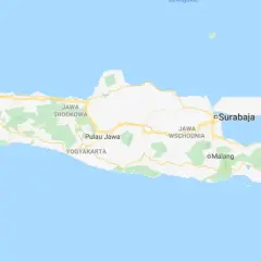 Mapa Indonezji z zaznaczoną Dżakartą, stolicą na wyspie Jawa. Widoczne inne miasta jak Bandung, Surabaya, Yogyakarta, Malang oraz wyspa Bali.