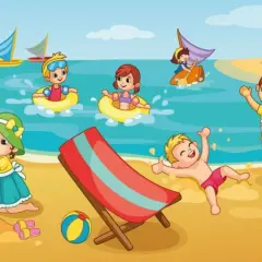 Dzieci bawią się na plaży, budując zamki z piasku i pływając. Miejmy nadzieję, że przyszłe pokolenia będą mogły cieszyć się takimi widokami, mimo zmian klimatycznych.