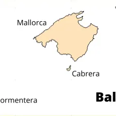 Mapa przedstawiająca hiszpańską wyspę w Balearach: Majorkę, Minorkę, Ibizę, Formenterę i Cabrerę.
