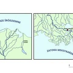 Dwa mapy: jeden przedstawia deltę Nilu z Aleksandrią i Kanałem Sueskim, drugi deltę Missisipi z Nowym Orleanem.