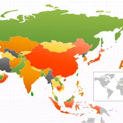 Mapa przedstawiająca państwa w Azji, z różnymi kolorami oznaczającymi regiony. W prawym dolnym rogu znajduje się mapa świata z zaznaczoną Azją.