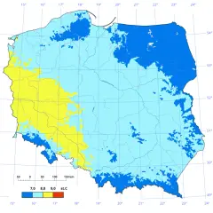 Mapa Polski z zaznaczonymi obszarami o różnej średniej temperaturze, wskazująca na klimat umiarkowany. Żółte obszary to cieplejsze rejony, niebieskie chłodniejsze.