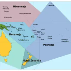 Mapa Oceanii z podziałem na regiony: Mikronezja, Melanezja, Polinezja. Widać Australię, Nową Zelandię i fragment Azji. To obszar najmniejszego kontynentu na ziemi.