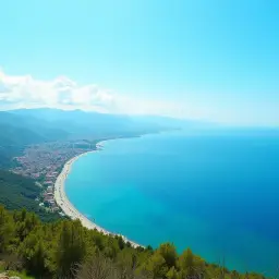 Widok na wybrzeże z miastem i plażą nad turkusowym morzem. To piękny krajobraz, który pokazuje, nad jakim morzem leży Turcja.