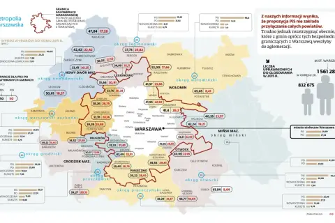 Mapa aglomeracji warszawskiej z wynikami wyborów. Warszawa leży w województwie mazowieckim.