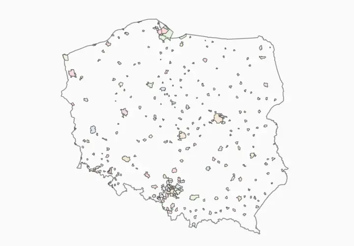 Mapa Polski z zaznaczonymi miastami. Ile jest miast w Polsce? Ta wizualizacja pokazuje ich rozmieszczenie.