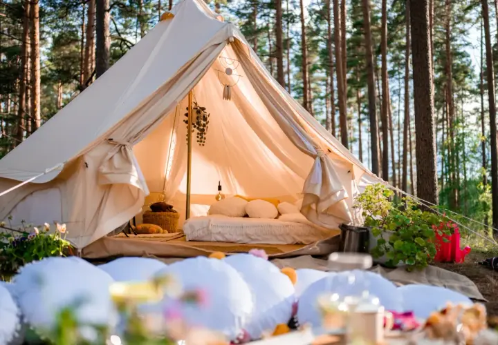 Wygodny namiot w lesie, z łóżkiem i dekoracjami. To właśnie glamping co to – luksusowy kemping w otoczeniu natury.