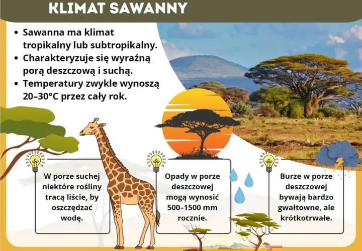 Sawanna z żyrafą i akacją w słońcu. Klimat sawanny jest tropikalny, z porą deszczową i suchą.
