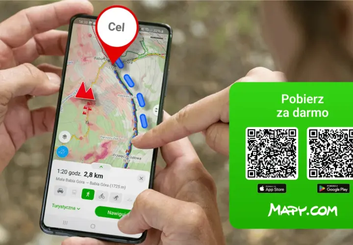 Smartfon z mapą turystyczną Polski, pokazującą szlak na Babiej Górze. Obok zielony panel z kodami QR do pobrania aplikacji MAPY.COM.