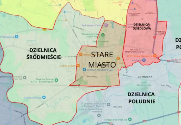 Mapa administracyjna Tarnowa, pokazująca dzielnice: Śródmieście, Osiedlowa i Południe. Tarnów jakie województwo?