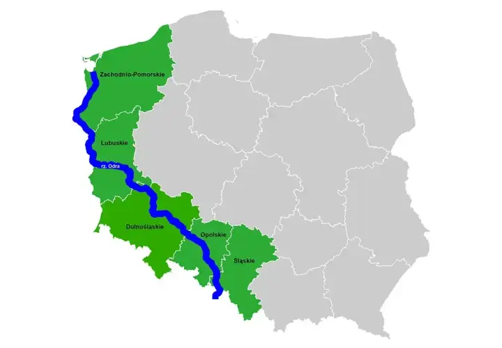Mapa Polski z zaznaczoną rzeką Odrą, która przepływa przez województwa: Zachodniopomorskie, Lubuskie, Dolnośląskie, Opolskie i Śląskie.