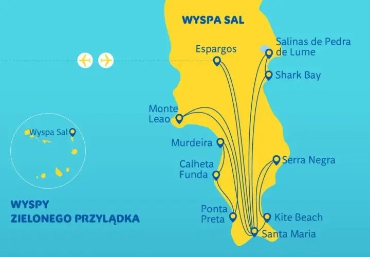 Mapa przedstawia wyspę Sal na Wyspach Zielonego Przylądka z zaznaczonymi atrakcjami: Espargos, Monte Leao, Murdeira, Calheta Funda, Ponta Preta, Kite Beach, Santa Maria, Serra Negra, Shark Bay i Salinas de Pedra de Lume.