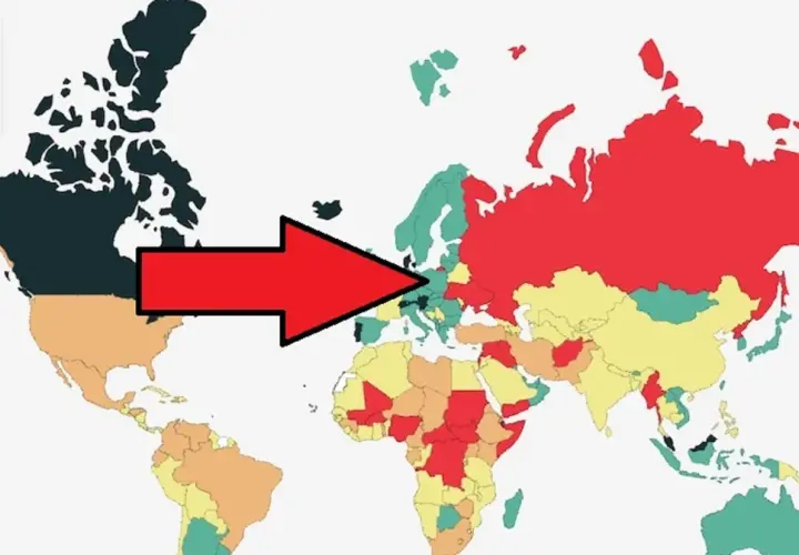 Czerwona strzałka wskazuje na Europę, gdzie niektóre kraje są zielone, sugerując, że są najbezpieczniejszym krajem na świecie.