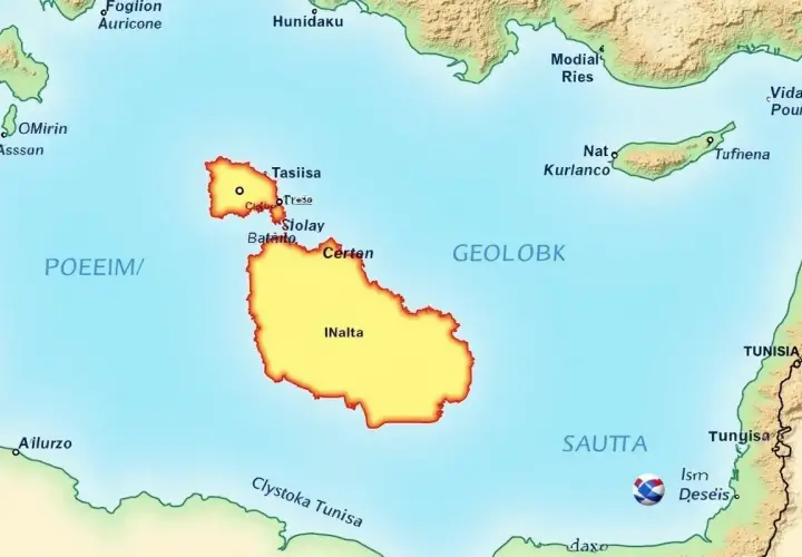 Mapa pokazuje, gdzie leży Malta, między Tunezją a Włochami, z zaznaczonymi miastami jak INalta i Tasiisa.