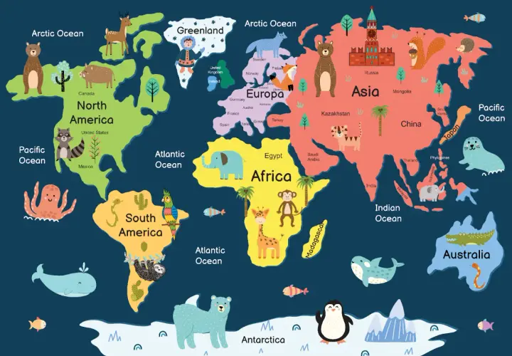 Kolorowa mapa świata z zabawnymi zwierzętami ilustruje wszystkie kontynenty: niedźwiedzie w Ameryce Północnej, słonie w Afryce, tygrysy w Azji i kangury w Australii.