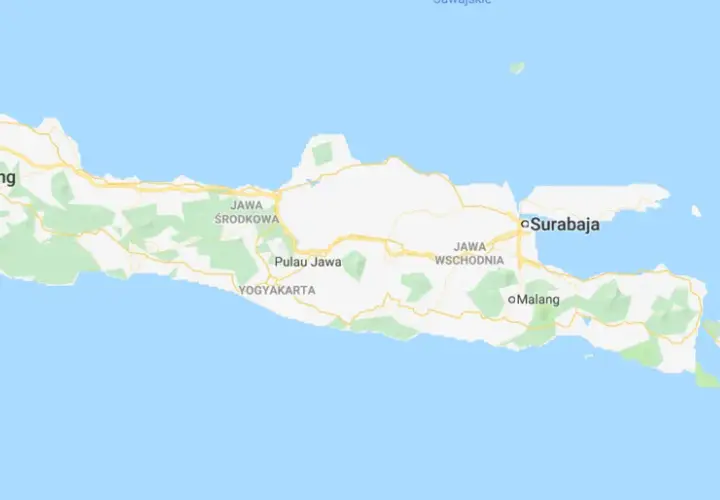 Mapa Indonezji z zaznaczoną Dżakartą, stolicą na wyspie Jawa. Widoczne inne miasta jak Bandung, Surabaya, Yogyakarta, Malang oraz wyspa Bali.