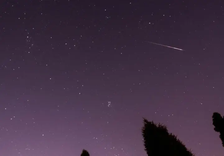 Noc spadających gwiazd. Jasny meteor przecina fioletowe niebo pełne gwiazd, nad ciemnymi sylwetkami drzew.