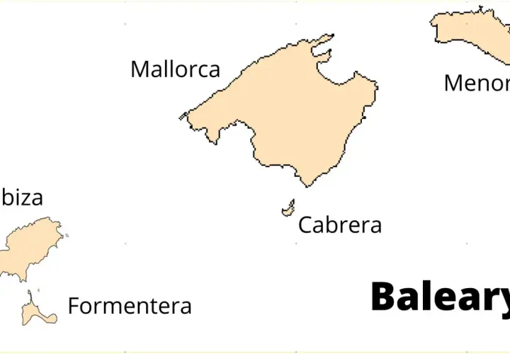 Mapa przedstawiająca hiszpańską wyspę w Balearach: Majorkę, Minorkę, Ibizę, Formenterę i Cabrerę.