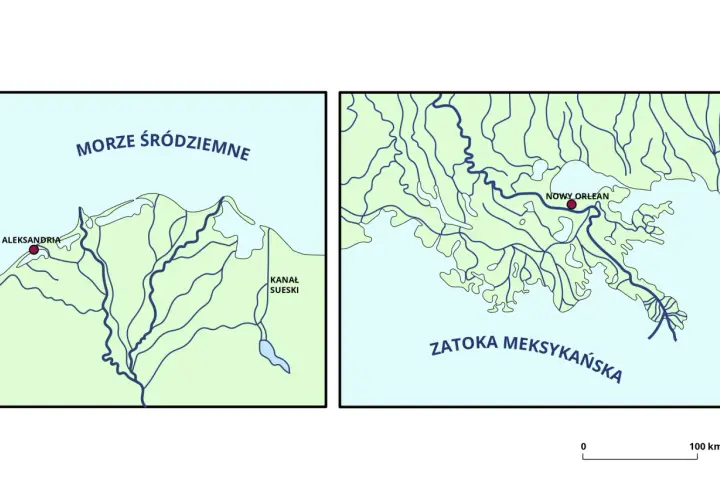 Dwa mapy: jeden przedstawia deltę Nilu z Aleksandrią i Kanałem Sueskim, drugi deltę Missisipi z Nowym Orleanem.