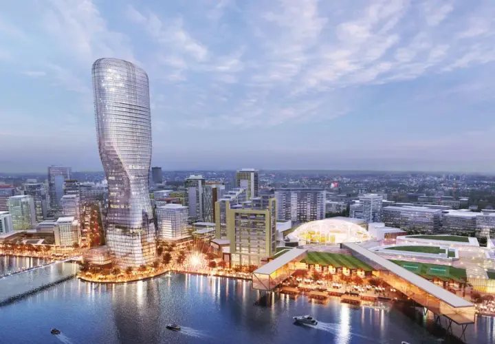 Nowoczesna architektura nad rzeką w Belgradzie, stolicy Serbii. Futurystyczny wieżowiec i centrum handlowe z kopułą.