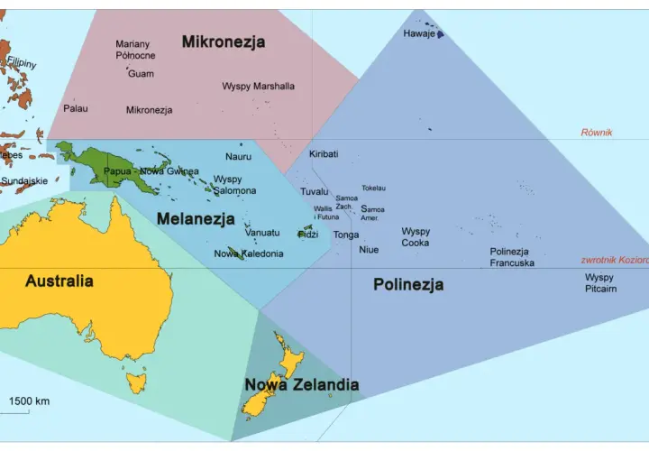 Mapa Oceanii z podziałem na regiony: Mikronezja, Melanezja, Polinezja. Widać Australię, Nową Zelandię i fragment Azji. To obszar najmniejszego kontynentu na ziemi.