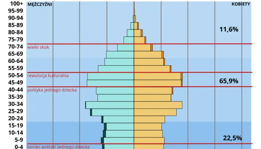 Piramida wieku ludności Chin pokazuje, że polityka jednego dziecka wpłynęła na strukturę demograficzną.