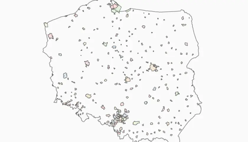 Mapa Polski z zaznaczonymi miastami. Ile jest miast w Polsce? Ta wizualizacja pokazuje ich rozmieszczenie.
