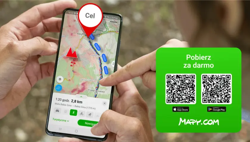Smartfon z mapą turystyczną Polski, pokazującą szlak na Babiej Górze. Obok zielony panel z kodami QR do pobrania aplikacji MAPY.COM.