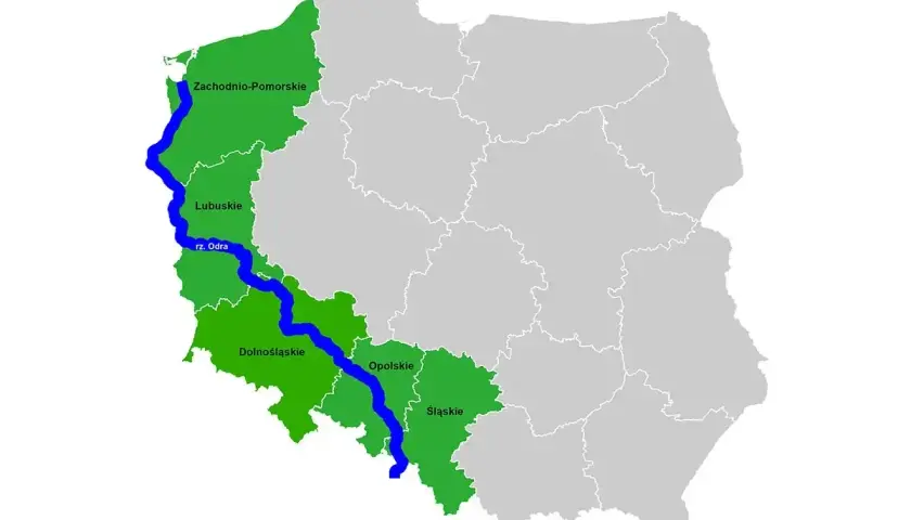 Mapa Polski z zaznaczoną rzeką Odrą, która przepływa przez województwa: Zachodniopomorskie, Lubuskie, Dolnośląskie, Opolskie i Śląskie.