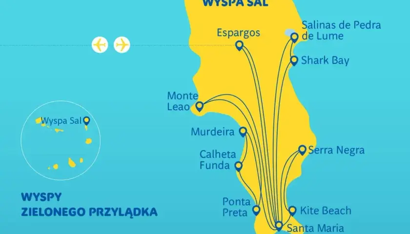 Mapa przedstawia wyspę Sal na Wyspach Zielonego Przylądka z zaznaczonymi atrakcjami: Espargos, Monte Leao, Murdeira, Calheta Funda, Ponta Preta, Kite Beach, Santa Maria, Serra Negra, Shark Bay i Salinas de Pedra de Lume.