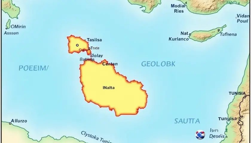 Mapa pokazuje, gdzie leży Malta, między Tunezją a Włochami, z zaznaczonymi miastami jak INalta i Tasiisa.