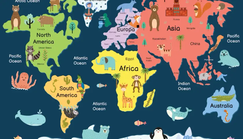 Kolorowa mapa świata z zabawnymi zwierzętami ilustruje wszystkie kontynenty: niedźwiedzie w Ameryce Północnej, słonie w Afryce, tygrysy w Azji i kangury w Australii.