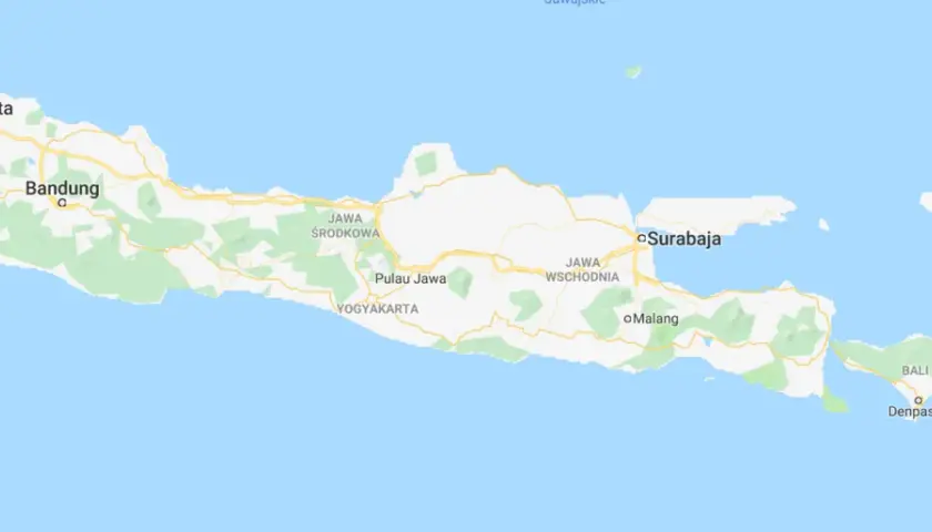 Mapa Indonezji z zaznaczoną Dżakartą, stolicą na wyspie Jawa. Widoczne inne miasta jak Bandung, Surabaya, Yogyakarta, Malang oraz wyspa Bali.