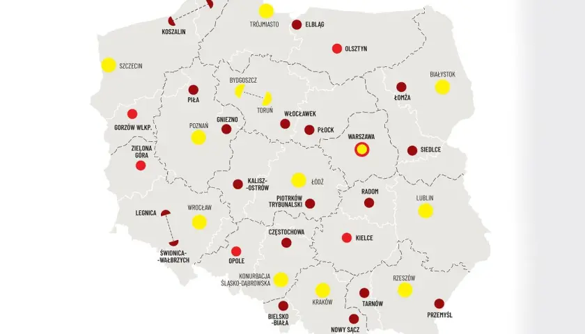 Mapa Polski z zaznaczonymi miastami. Widać granice województw, a także rozmieszczenie punktów w różnych kolorach. Najmniejsze województwo w Polsce jest tu widoczne.