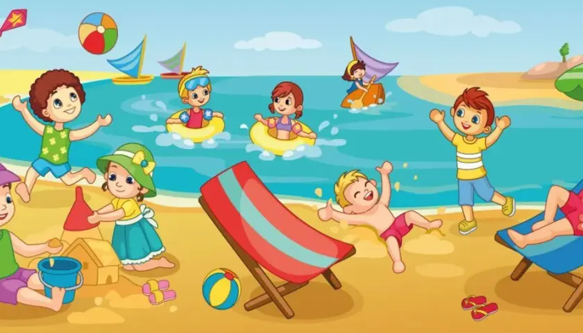 Dzieci bawią się na plaży, budując zamki z piasku i pływając. Miejmy nadzieję, że przyszłe pokolenia będą mogły cieszyć się takimi widokami, mimo zmian klimatycznych.