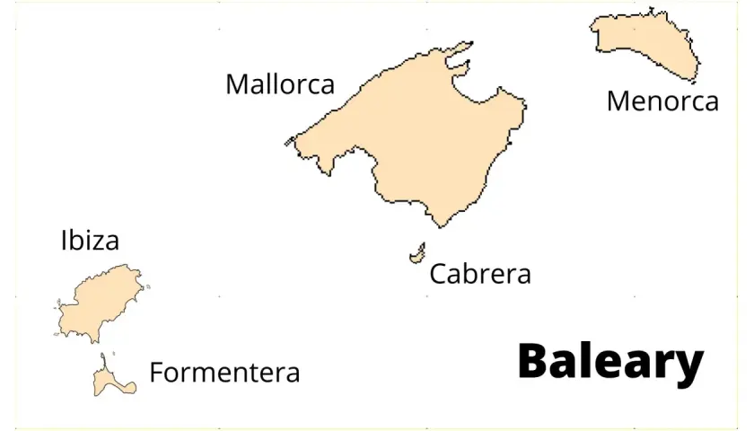 Mapa przedstawiająca hiszpańską wyspę w Balearach: Majorkę, Minorkę, Ibizę, Formenterę i Cabrerę.