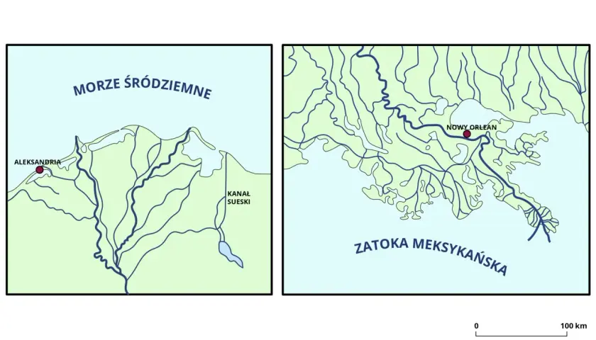Dwa mapy: jeden przedstawia deltę Nilu z Aleksandrią i Kanałem Sueskim, drugi deltę Missisipi z Nowym Orleanem.