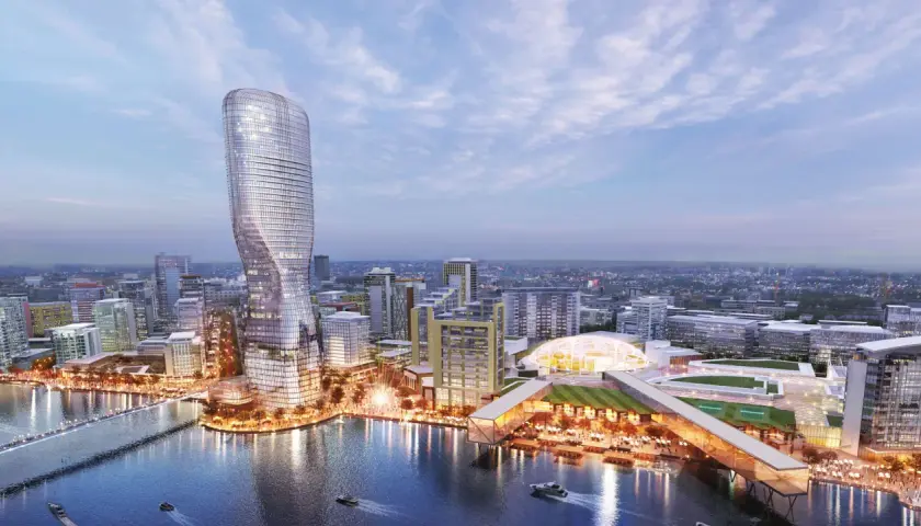 Nowoczesna architektura nad rzeką w Belgradzie, stolicy Serbii. Futurystyczny wieżowiec i centrum handlowe z kopułą.