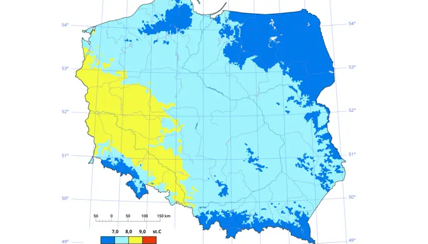 Mapa Polski z zaznaczonymi obszarami o różnej średniej temperaturze, wskazująca na klimat umiarkowany. Żółte obszary to cieplejsze rejony, niebieskie chłodniejsze.