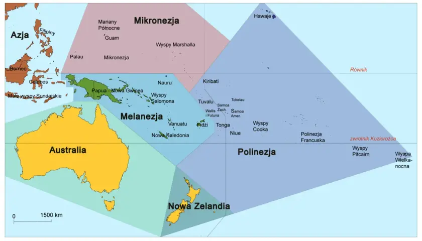 Mapa Oceanii z podziałem na regiony: Mikronezja, Melanezja, Polinezja. Widać Australię, Nową Zelandię i fragment Azji. To obszar najmniejszego kontynentu na ziemi.
