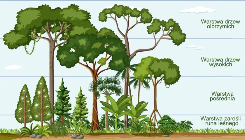 Ilustracja przedstawia przekrój przez las równikowy z różnymi warstwami roślinności: olbrzymie drzewa, wysokie drzewa, warstwa pośrednia i runo leśne.