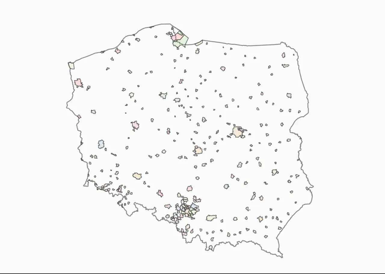 Mapa Polski z zaznaczonymi miastami. Ile jest miast w Polsce? Ta wizualizacja pokazuje ich rozmieszczenie.