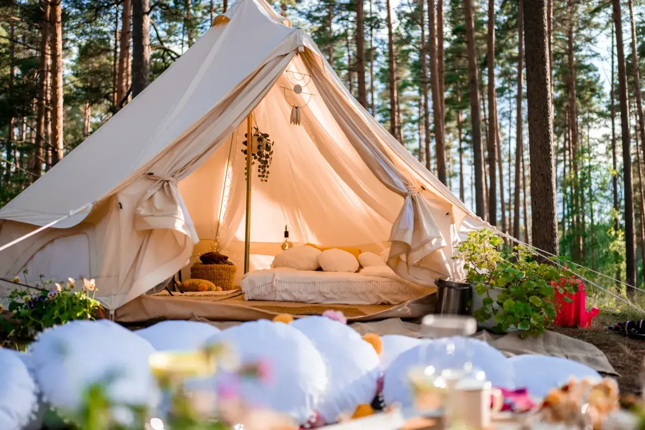 Wygodny namiot w lesie, z łóżkiem i dekoracjami. To właśnie glamping co to – luksusowy kemping w otoczeniu natury.