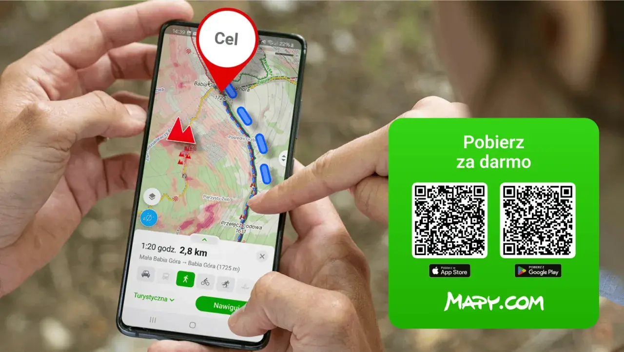 Smartfon z mapą turystyczną Polski, pokazującą szlak na Babiej Górze. Obok zielony panel z kodami QR do pobrania aplikacji MAPY.COM.