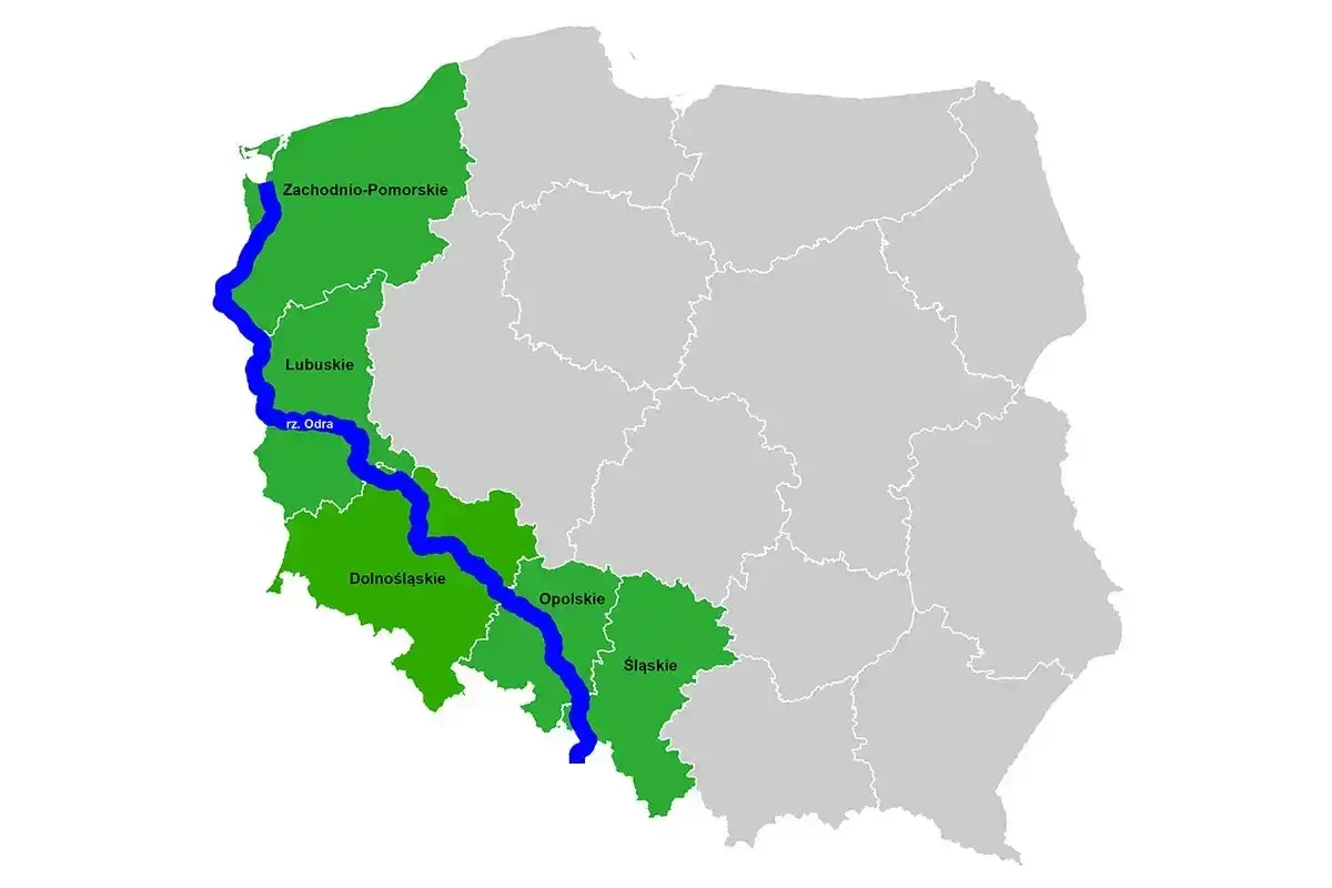Mapa Polski z zaznaczoną rzeką Odrą, która przepływa przez województwa: Zachodniopomorskie, Lubuskie, Dolnośląskie, Opolskie i Śląskie.